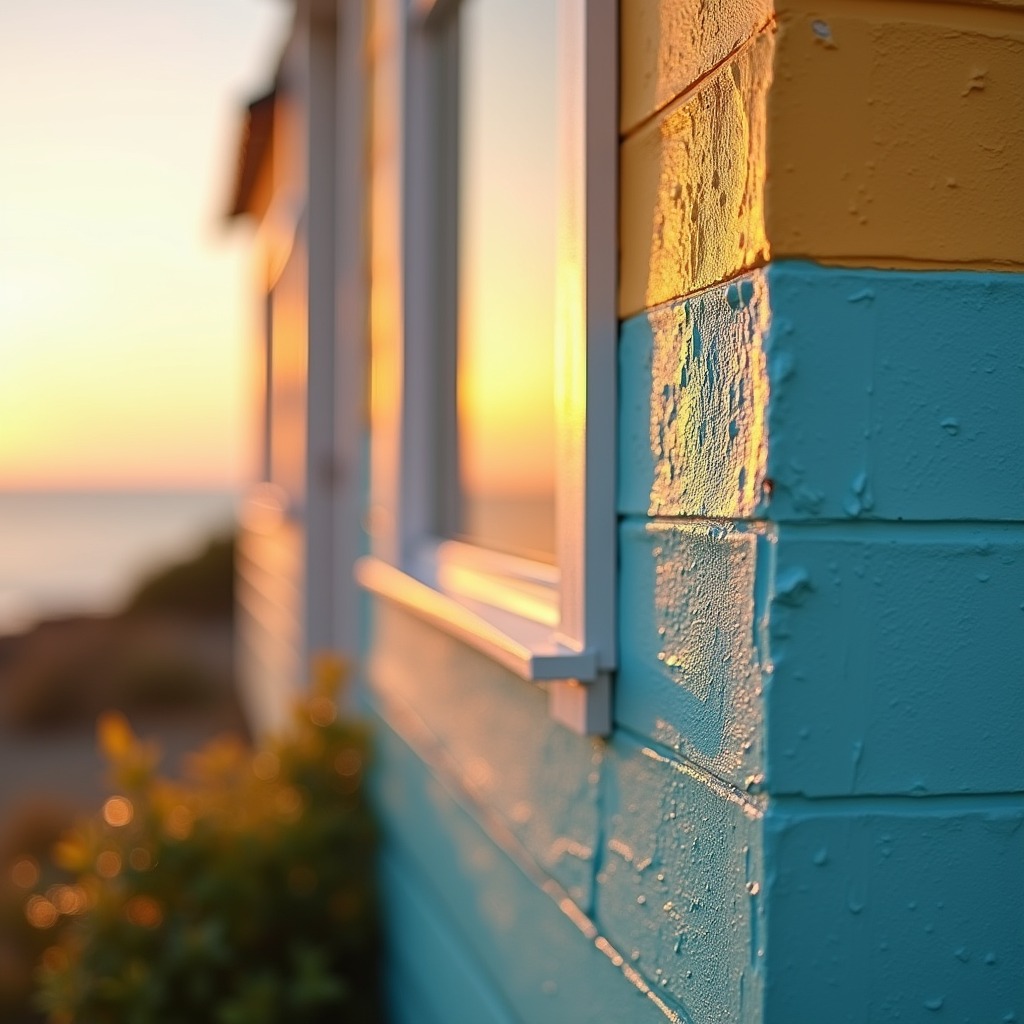 Close-up of freshly painted coastal siding in blue and gold at sunset
