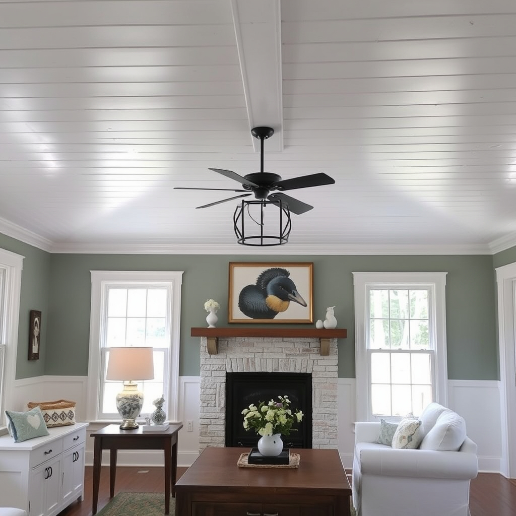 Living room with soft sage walls, white wainscot, and a white painted plank ceiling with exposed beam