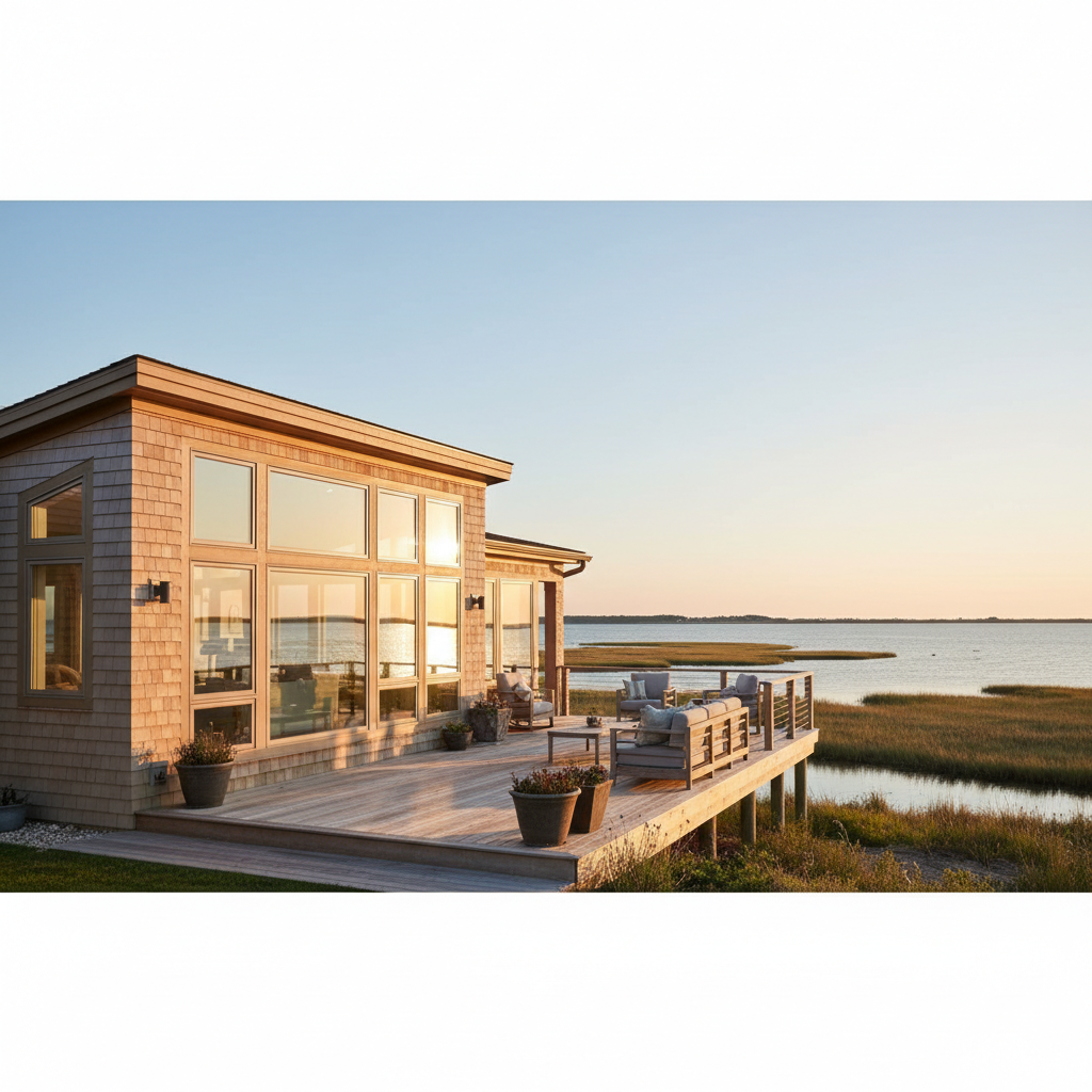 A modern coastal home in Long Neck, Delaware, with cedar shake and sandy beige painted accents, overlooking a bay.