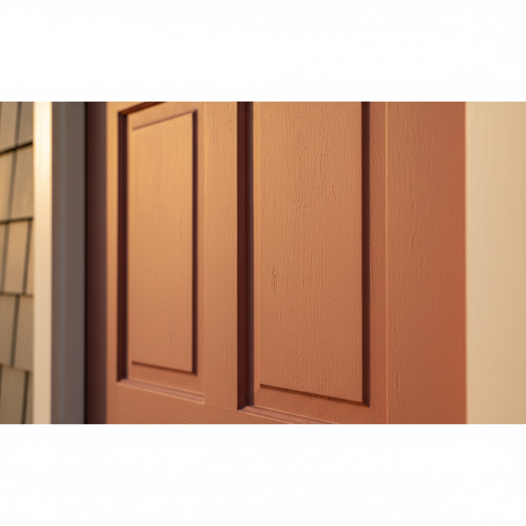Close-up of a painted wooden door in a muted terracotta color on a Long Neck, Delaware home, with soft off-white trim.