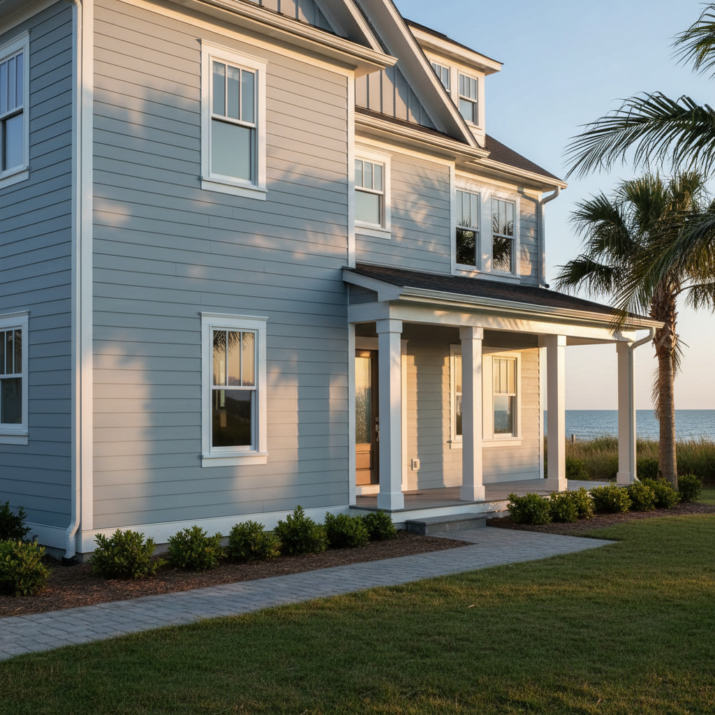 A freshly painted Long Neck, Delaware home with a light, cool gray body and crisp white trim, surrounded by coastal trees.