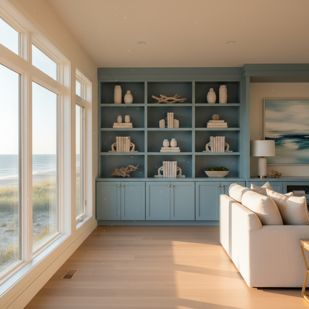 Interior shot of built-in cabinetry in a Long Neck, Delaware home, painted in a subtle, airy light blue.