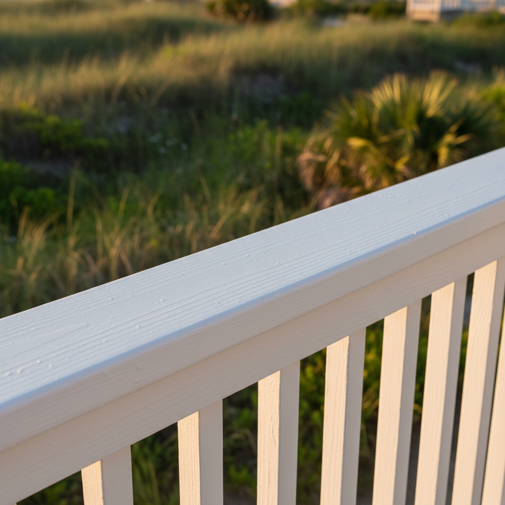 Detailed view of a freshly painted, crisp white wooden railing on a Selbyville coastal home, showcasing a smooth, durable finish.
