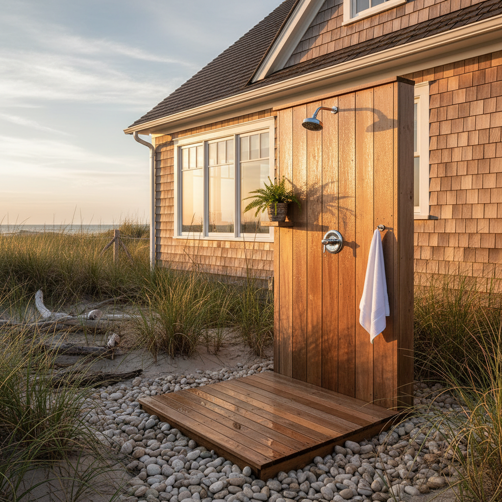 An outdoor shower on a cedar-shake beach house in Selbyville, DE, with wood treated in a clear, water-repellent sealant.