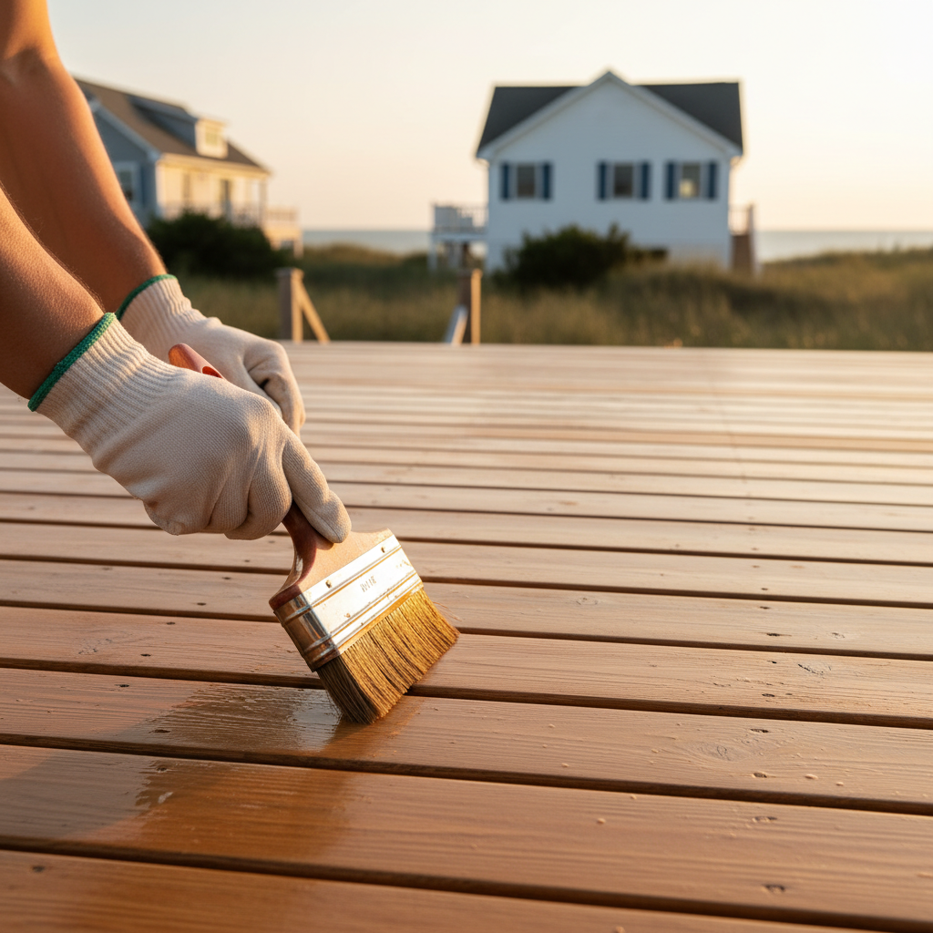 A painter's gloved hands expertly applying a semi-transparent stain to a wooden deck, showing careful workmanship.