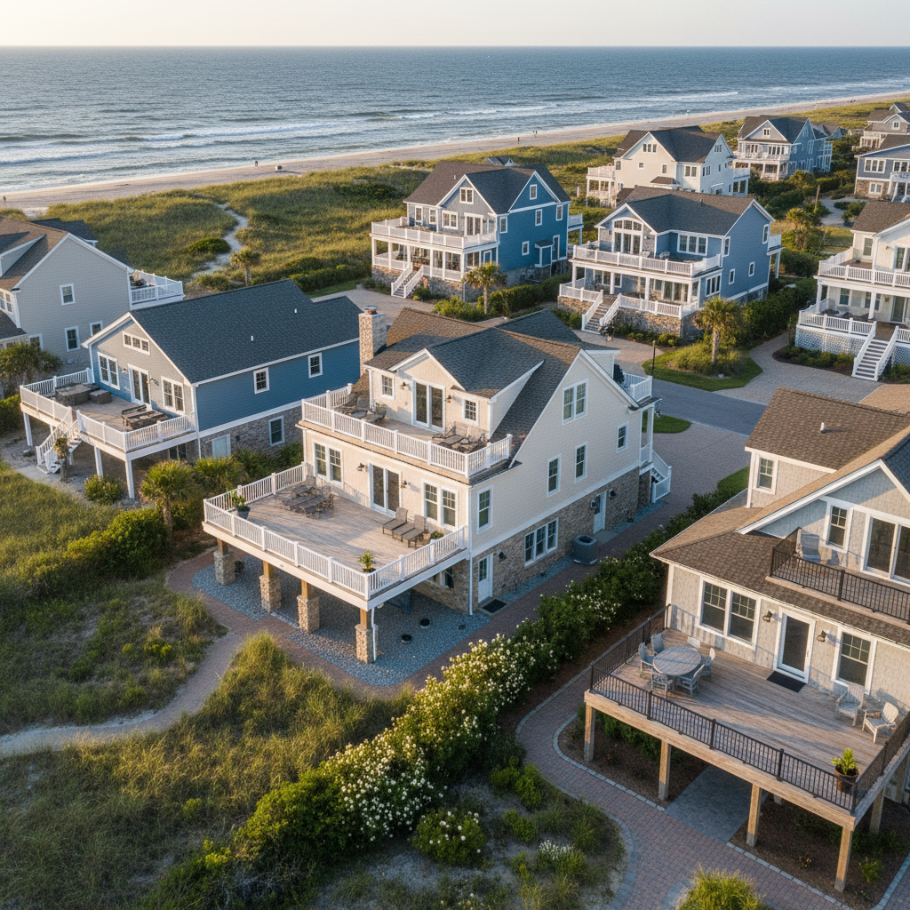 Aerial view of a Selbyville, DE neighborhood, showcasing diverse coastal homes with various deck and railing finishes.