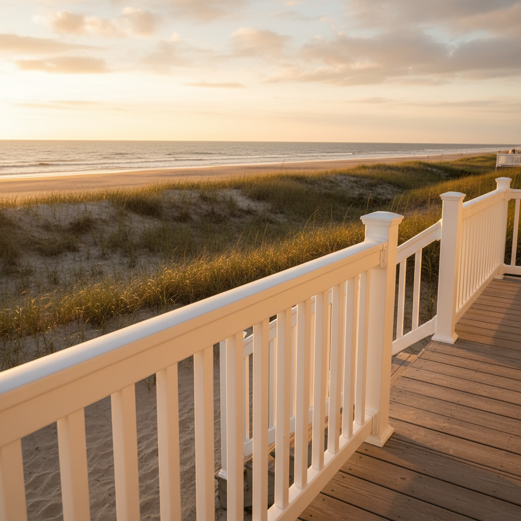 Close-up of a perfectly painted white wooden railing on a coastal Delaware beach house, exhibiting a smooth, durable finish.