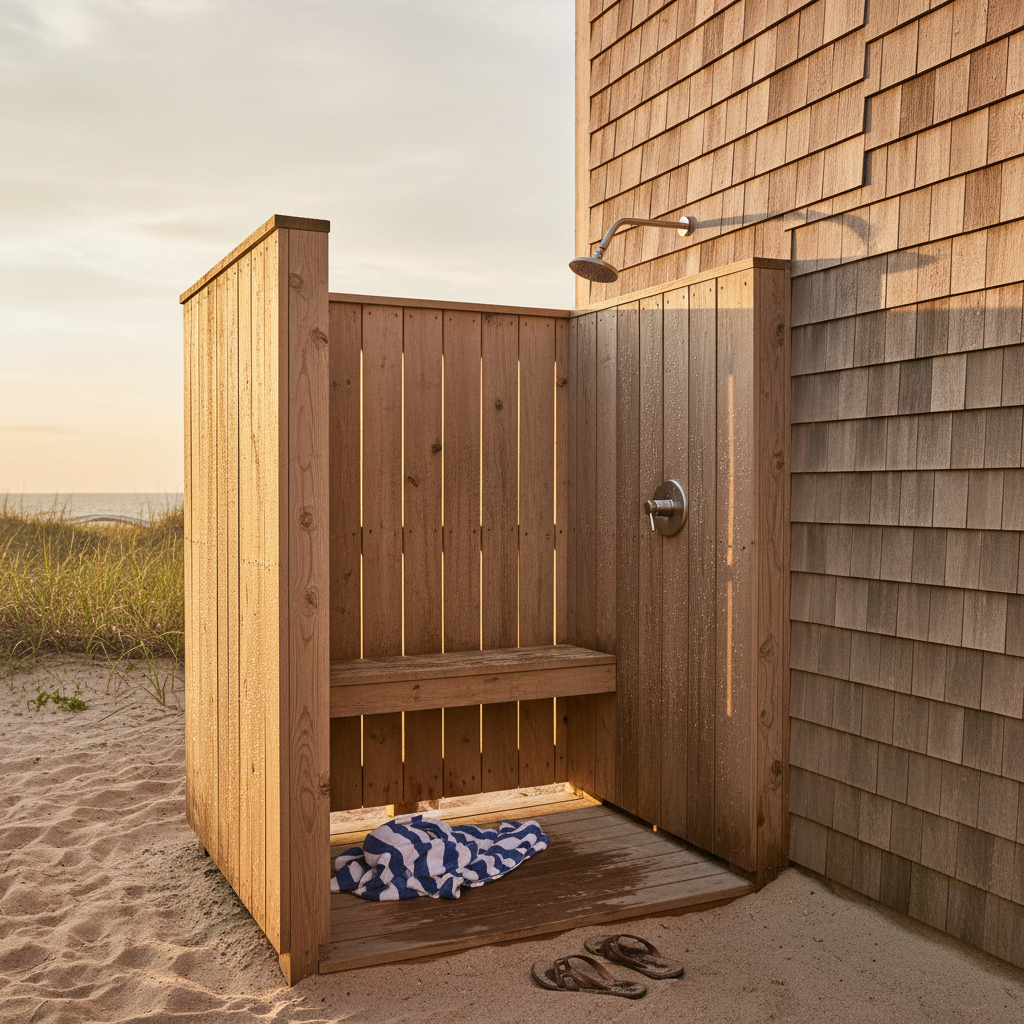 Outdoor shower with marine-grade sealed cedar-shake walls at a Bethany Beach house, demonstrating water resistance.