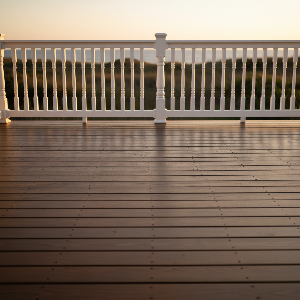 Newly applied solid deck stain on a wooden deck in Ocean View, DE, showcasing a smooth, even finish and protected spindles.