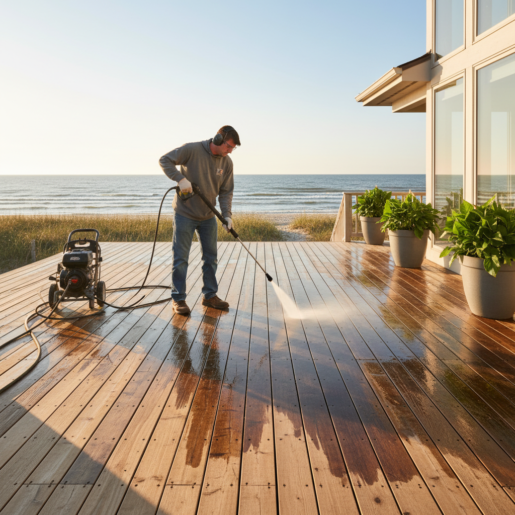 A professional contractor pressure washing a wooden deck in Lewes, DE, meticulously preparing the surface for staining or painting.