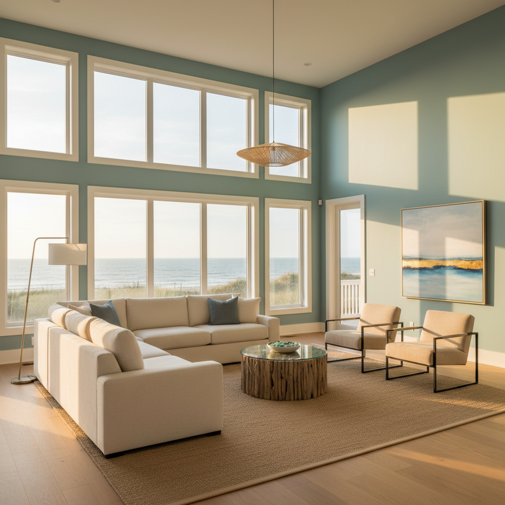 Interior living room of a new Rehoboth Beach home with walls painted in a soft, custom coastal hue.