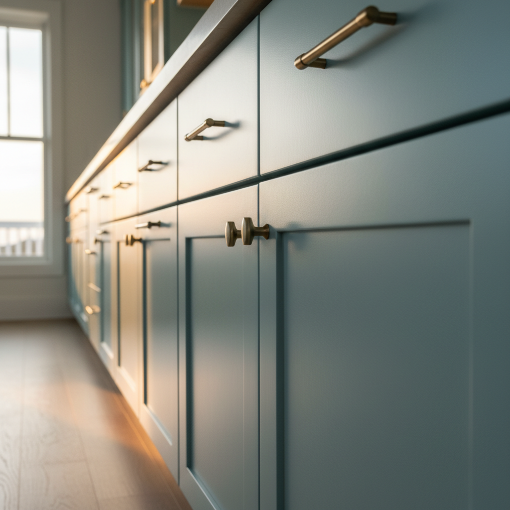 Close-up detail of high-quality, durable paint finish on modern kitchen cabinetry in a Rehoboth Beach home.