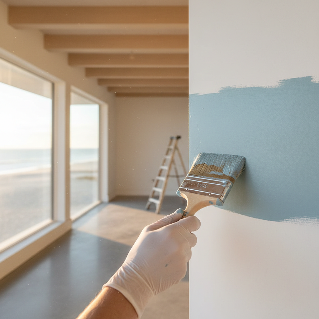 Painter applying precise stroke of premium, low-VOC paint to a wall in a new Rehoboth Beach home, showcasing quality application.