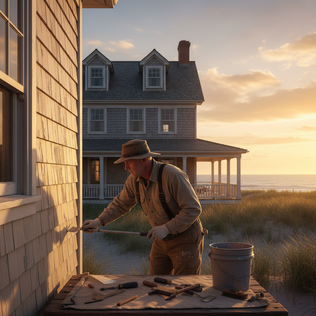 Close-up of a painter meticulously scraping loose paint from historic clapboard siding with a scraper.