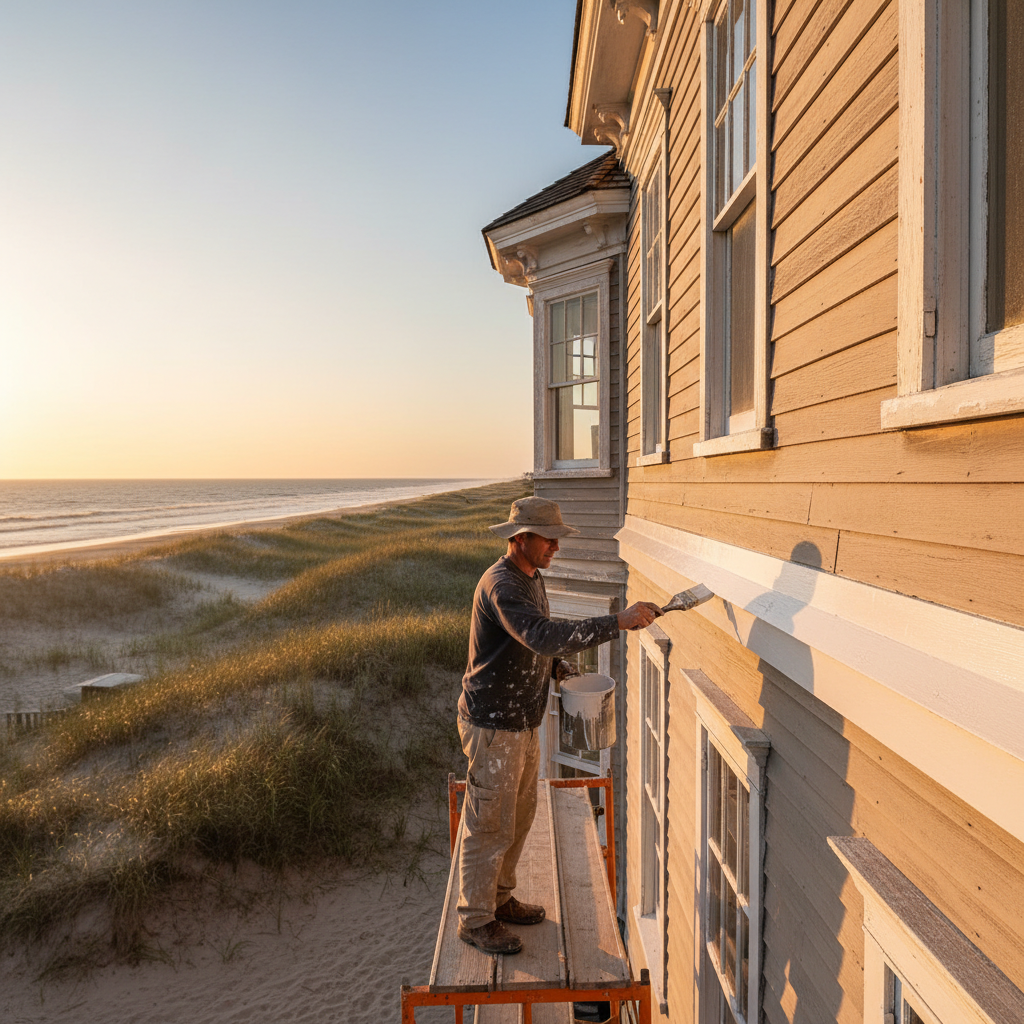 Painter applying primer evenly to bare wood trim on a historic coastal Delaware home.