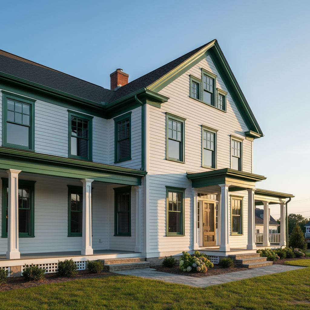 Freshly painted white clapboard and dark green trim on a restored historic home in Georgetown, Delaware.