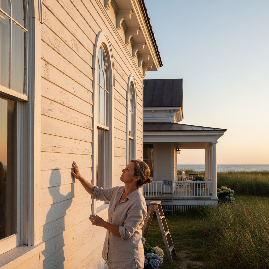 Homeowner inspecting historic clapboard and trim on their coastal Delaware home for maintenance.