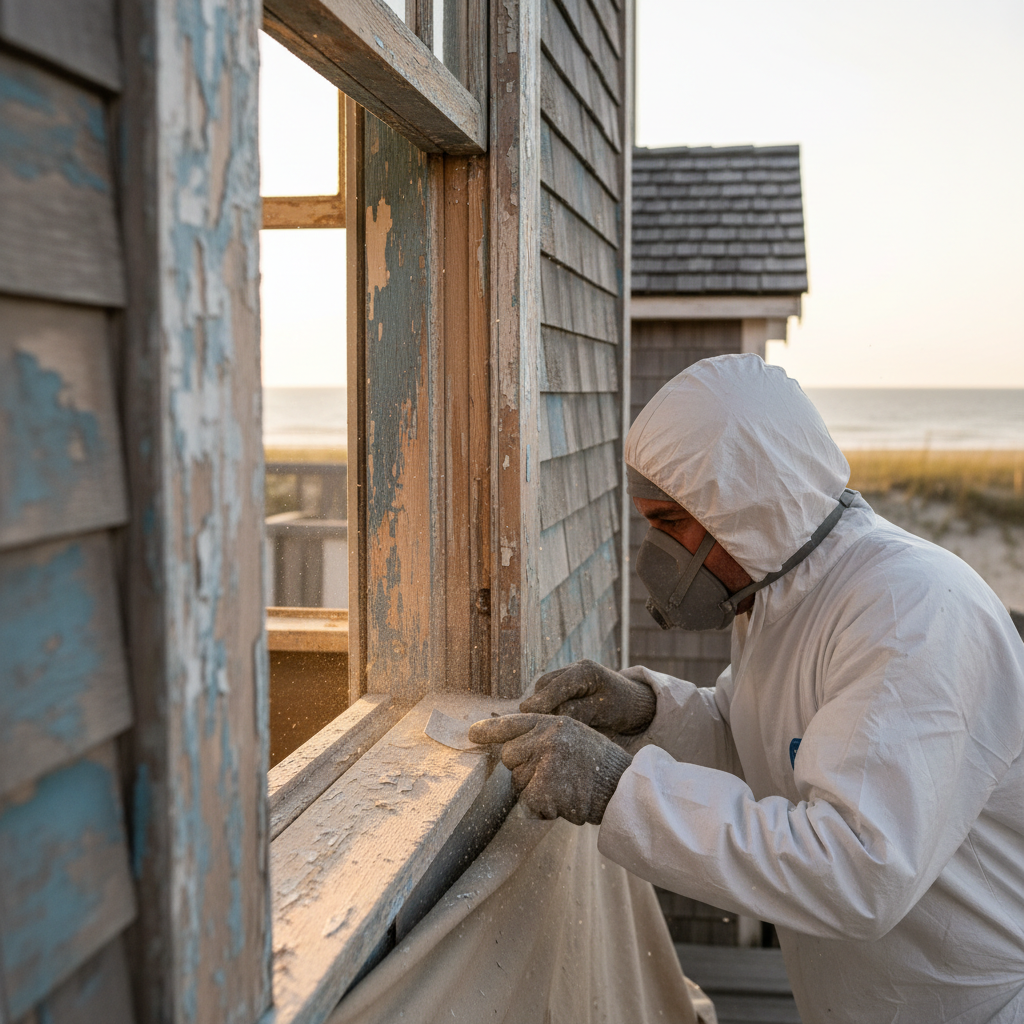 A painter meticulously sanding an exterior wooden window frame on a commercial building in Lewes, demonstrating careful surface preparation.