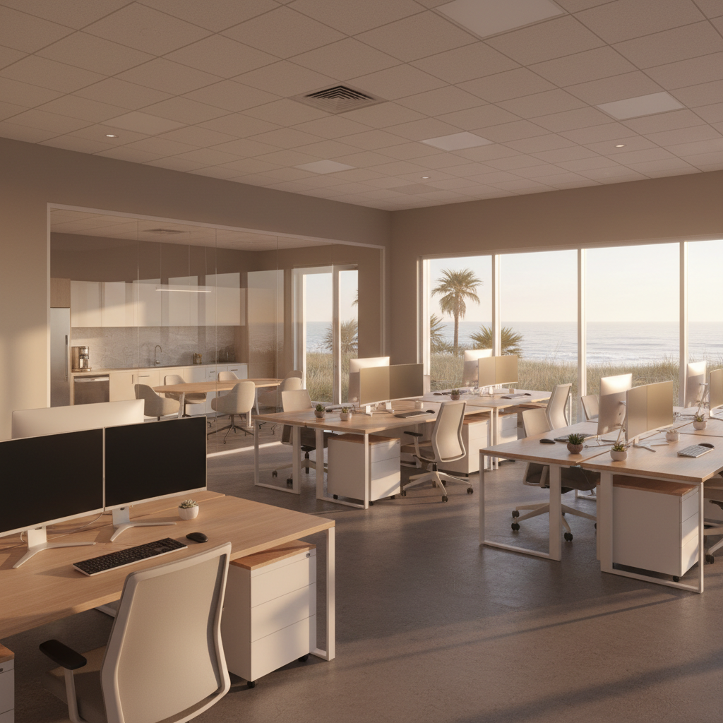 A clean, modern professional office interior in Lewes with freshly painted walls in a calming, neutral shade, reflecting a revitalized workspace.