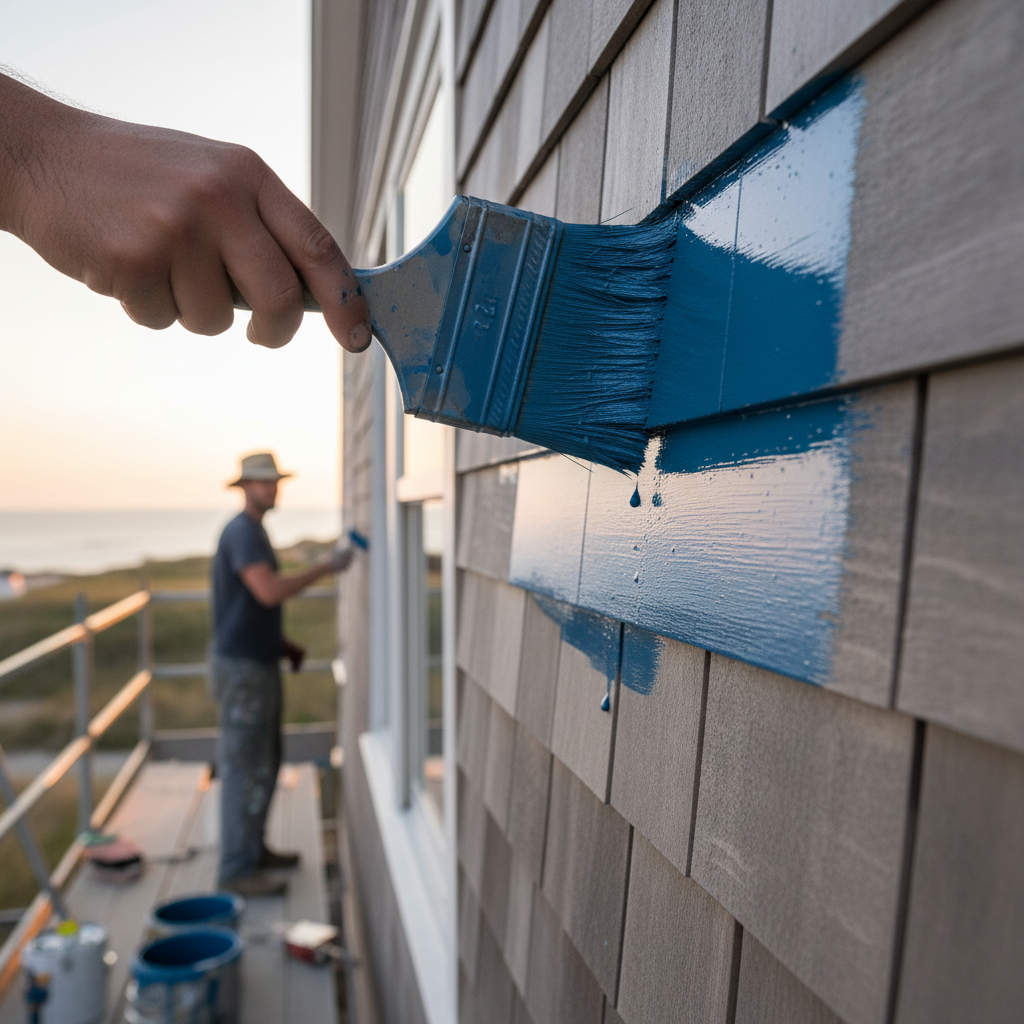 A painter applying a durable, weather-resistant paint to exterior clapboard siding on a commercial building in Lewes, highlighting meticulous application.