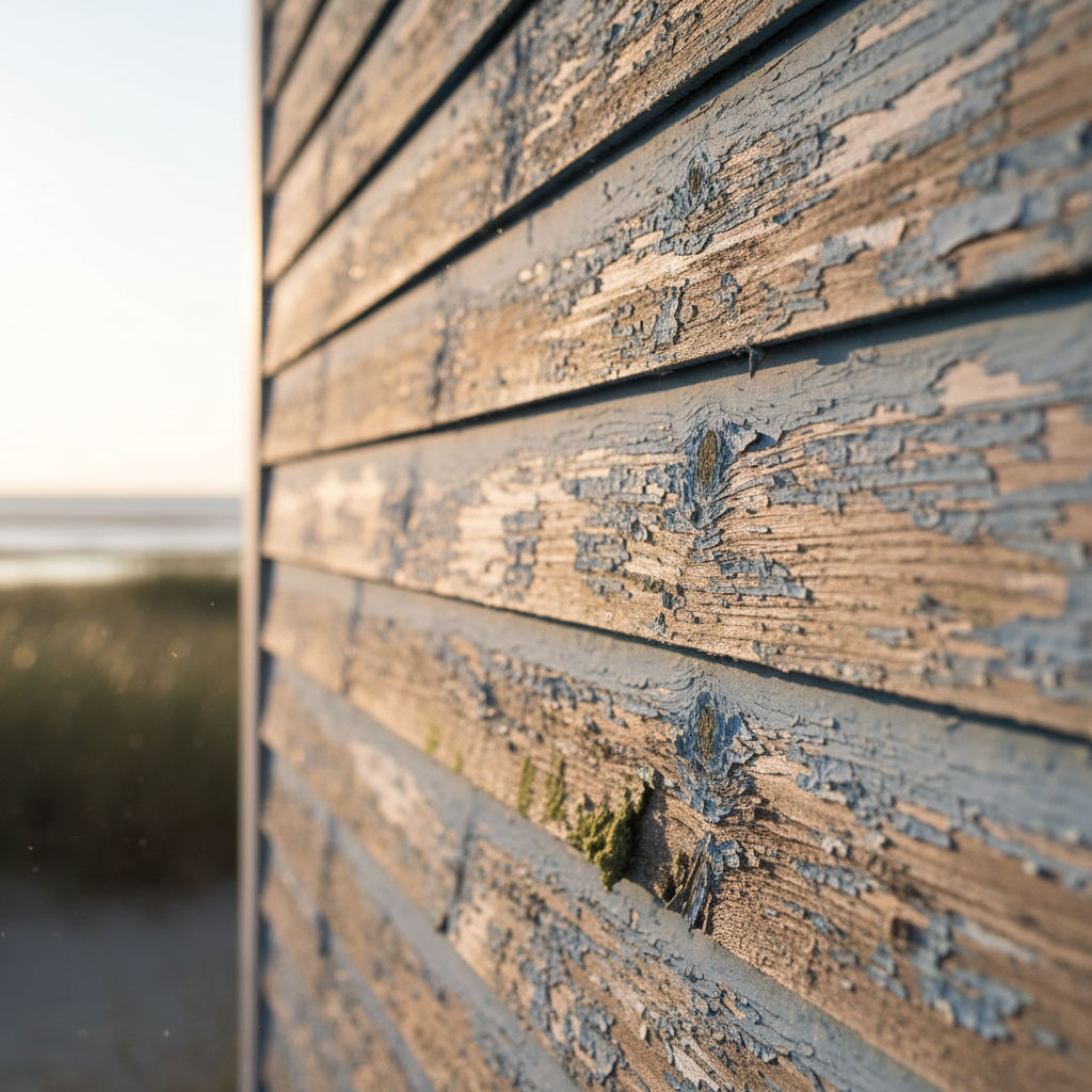 Weathered historic clapboard siding in Georgetown, Delaware, with peeling paint, demonstrating the impact of coastal elements.