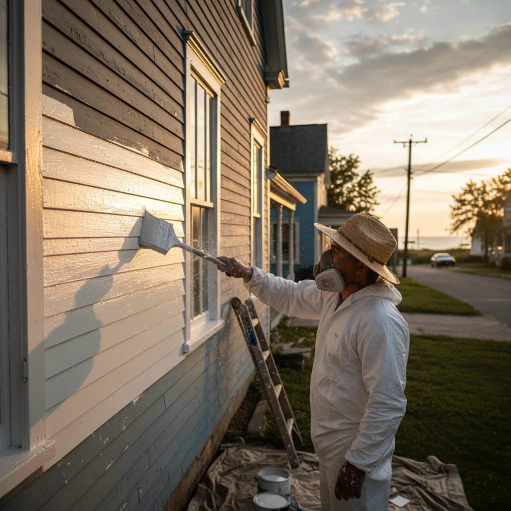 A skilled painter applying primer with a brush to the clapboard siding of a historic Georgetown home, ensuring thorough coverage.
