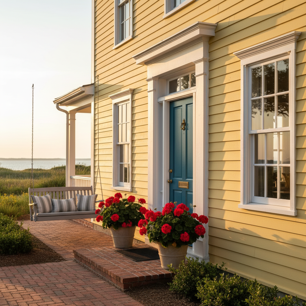 Restored section of a historic clapboard house in Georgetown, Delaware, featuring fresh, vibrant paint that highlights architectural details.