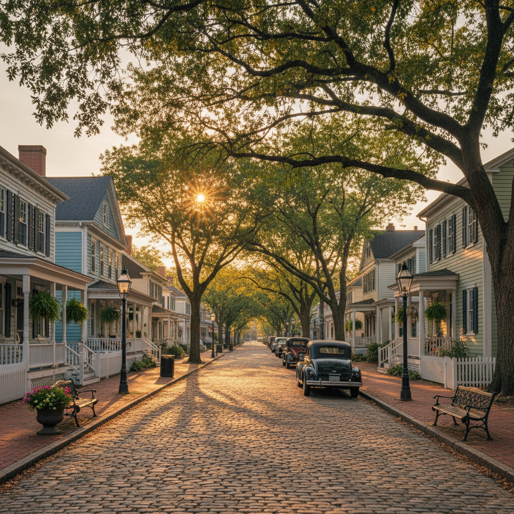 Scenic view of a charming historic street in Georgetown, Delaware, lined with beautifully maintained clapboard homes.