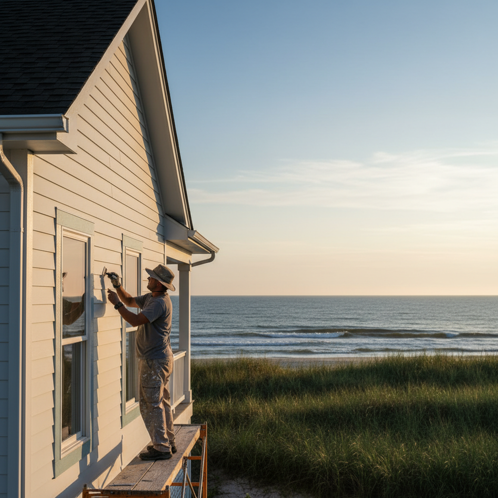A painter scraping loose paint from window trim on a modern coastal home in Ocean View, Delaware.