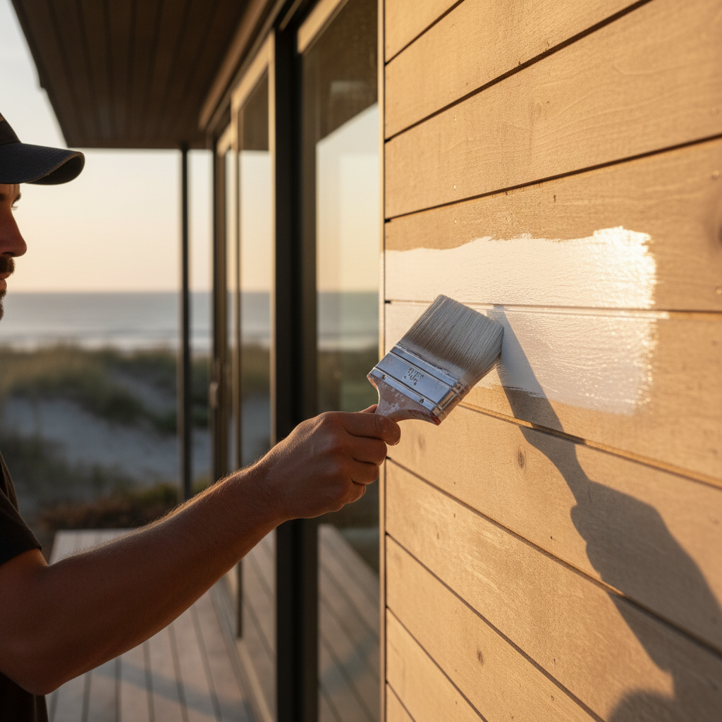 A professional painter applying primer to bare wood siding on a modern beach house in Bethany Beach.