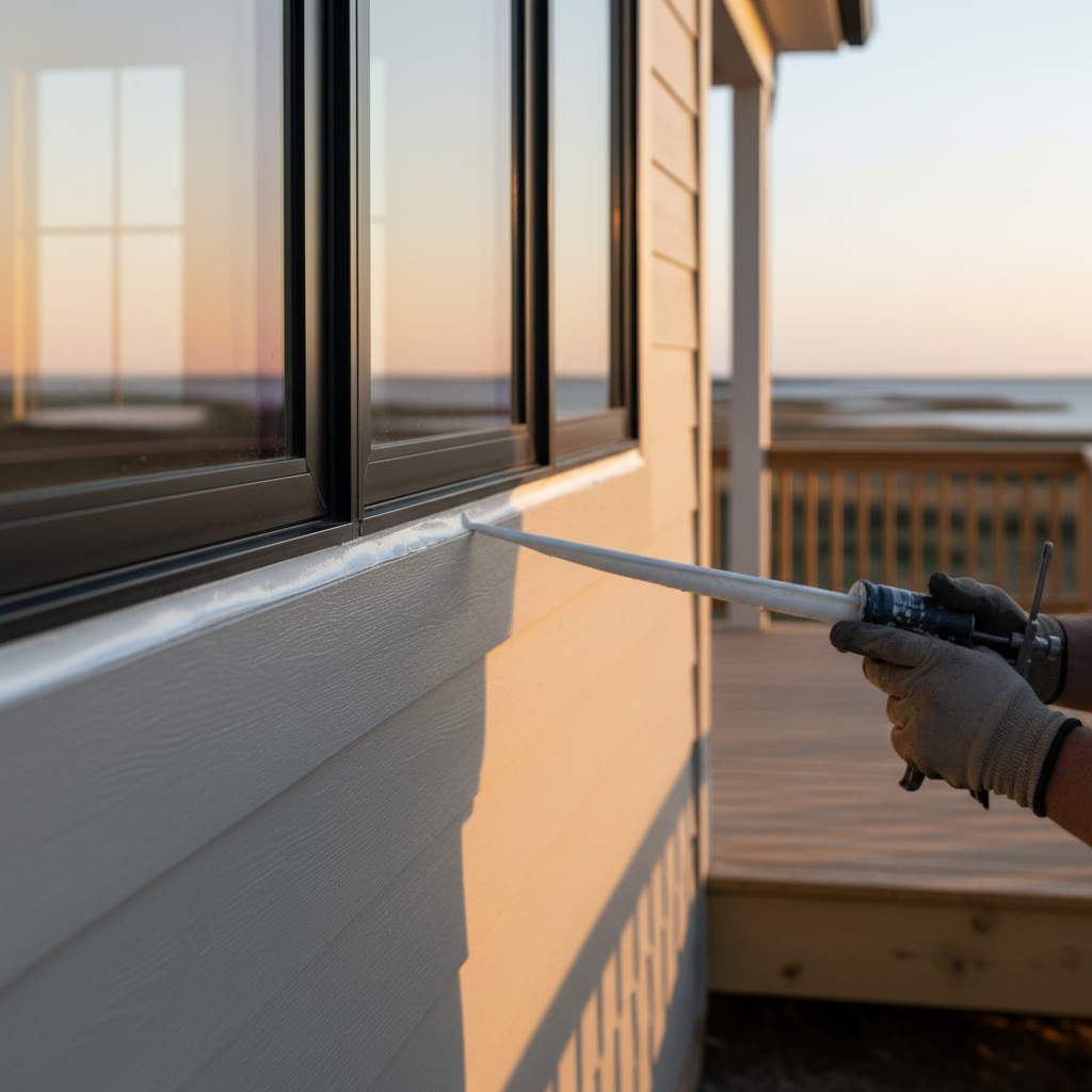 A hand applying a bead of exterior caulk around a window frame on a new home in Millsboro, Delaware.