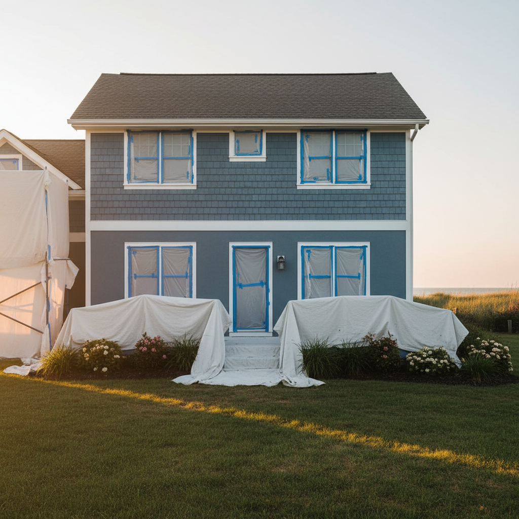 Landscaping plants covered by a drop cloth and masked-off windows during paint preparation in Lewes, Delaware.