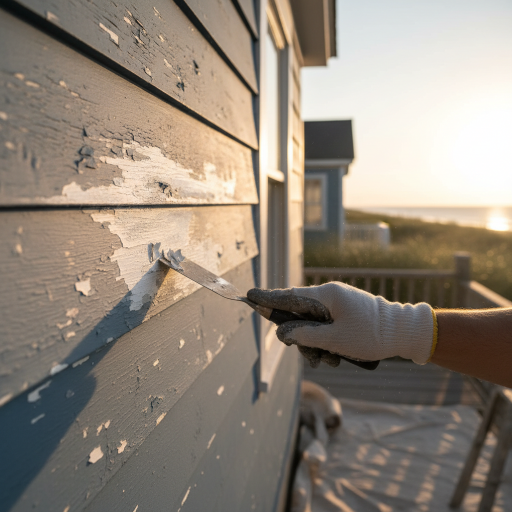 Close-up of a painter meticulously scraping loose paint from weathered clapboard siding on a Fenwick Island cottage.