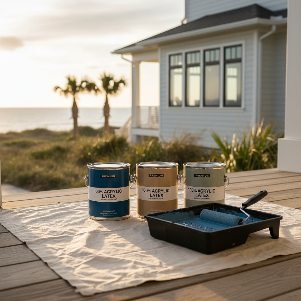 Assortment of premium 100% acrylic latex exterior paint cans, emphasizing mildew and weather resistance, on a painter's drop cloth.