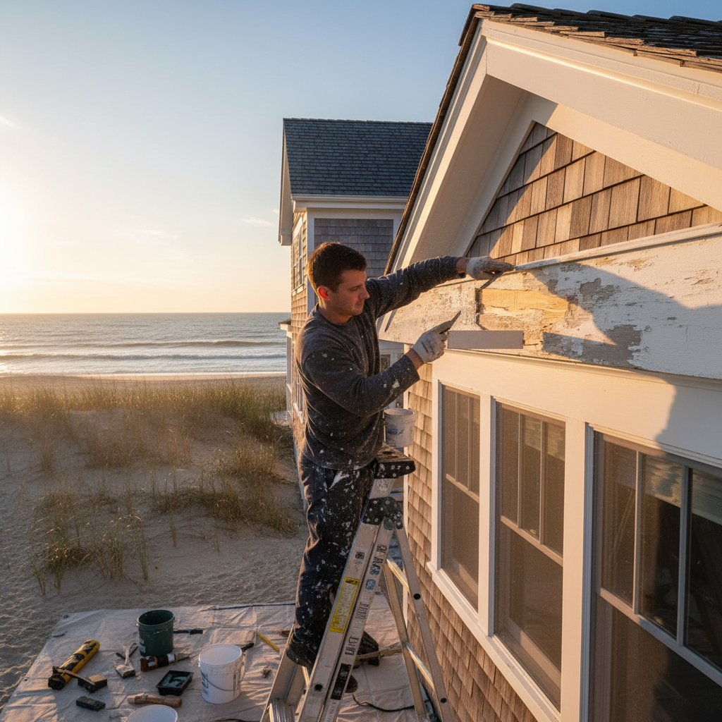 Skilled painter on a ladder carefully repairing wood rot on exterior trim of a classic Fenwick Island beach house.