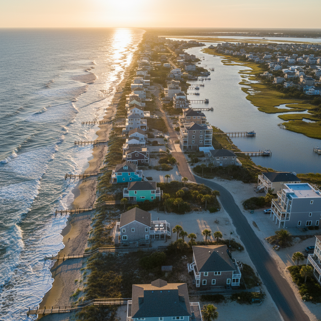 Aerial view of a vibrant Fenwick Island neighborhood showing diverse coastal homes, some near the ocean, others by the bay.