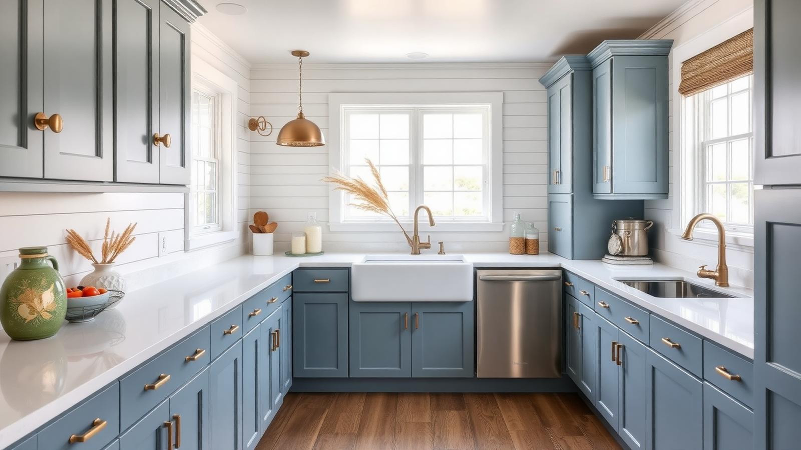 Kitchen cabinets in an Ocean View, Delaware home refinished in soft sage green with brass hardware and white quartz counters
