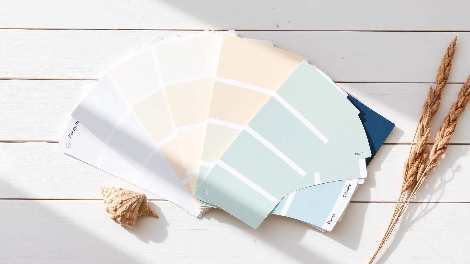 Coastal paint color swatches in white, sage, and blue fanned on an oak table