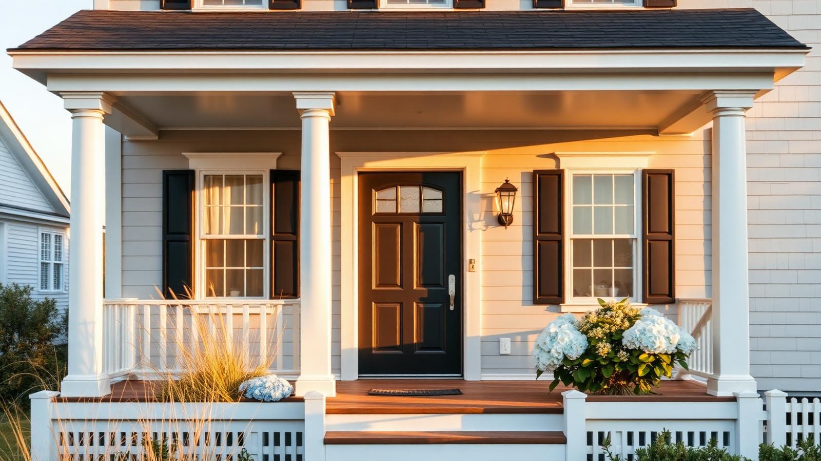 Freshly painted coastal Delaware home exterior with white shake siding near the water