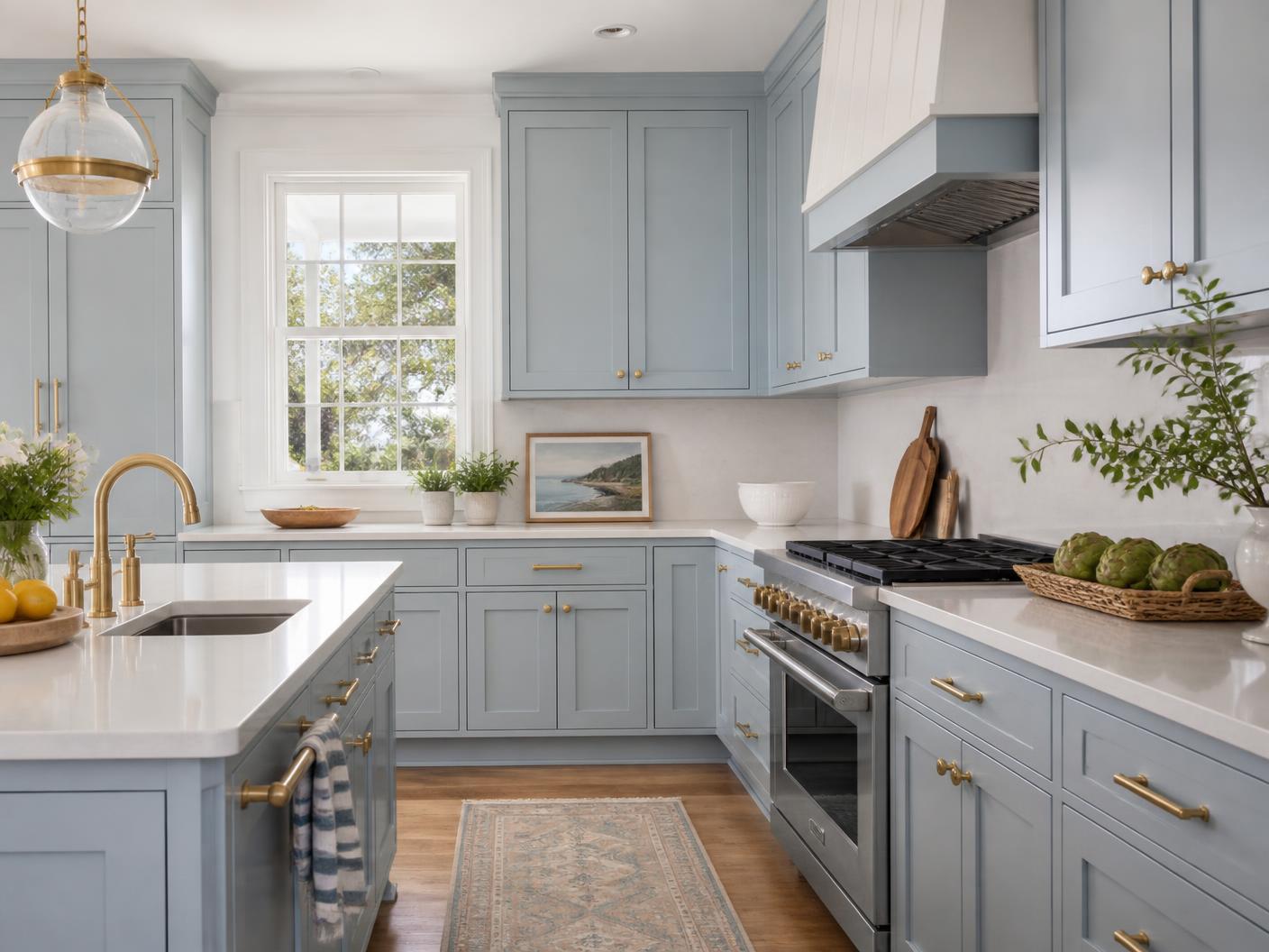 Kitchen with soft coastal blue cabinetry, brass hardware, and white quartz counters