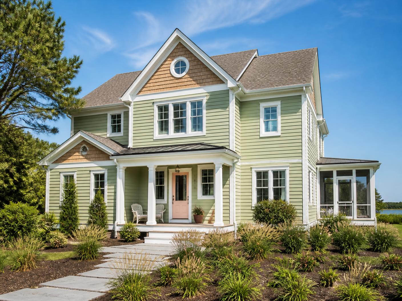 Coastal Delaware home painted soft sage green with white trim and a blush front door