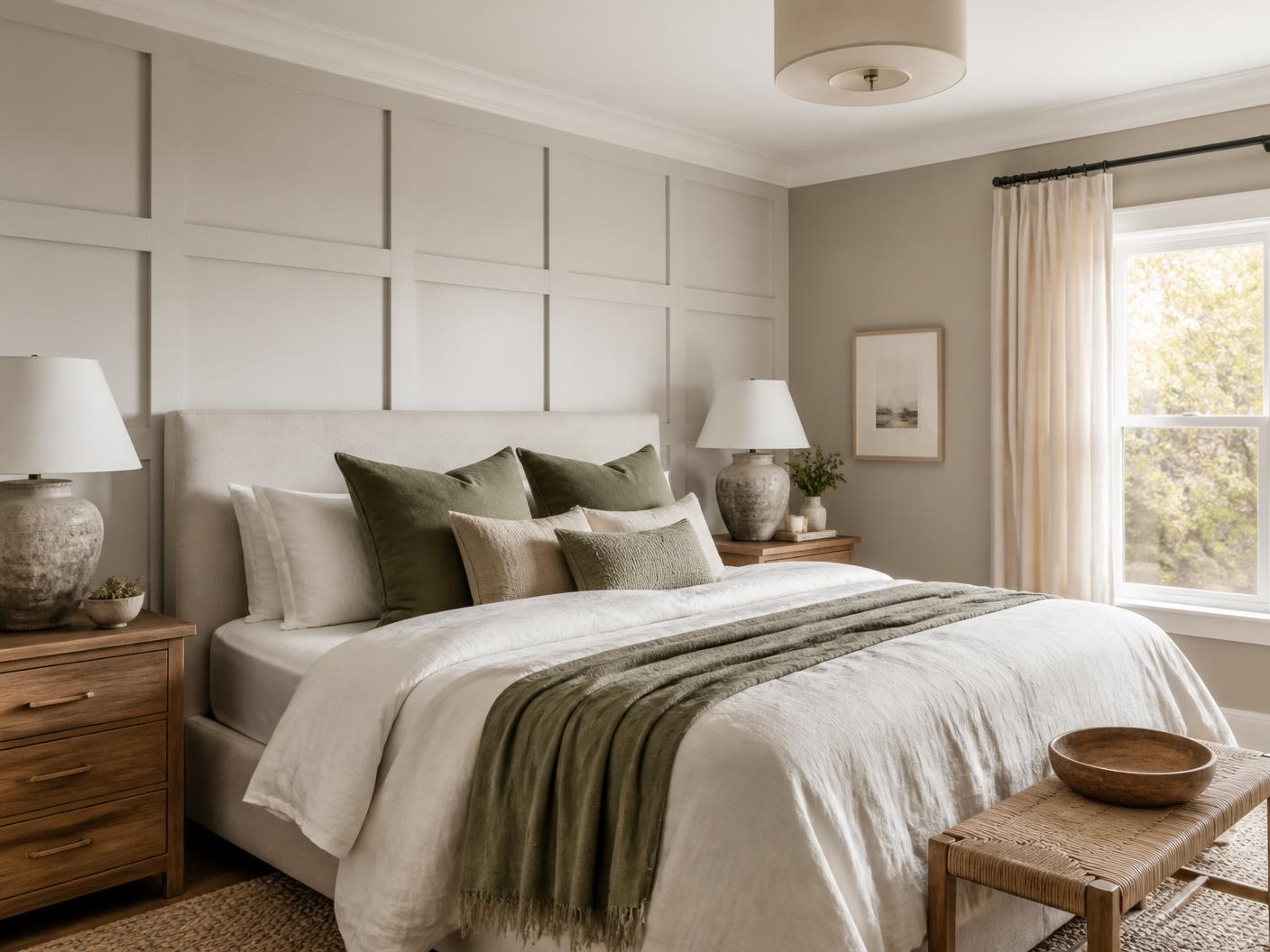 Bedroom with a white board-and-batten grid accent wall and soft greige paint