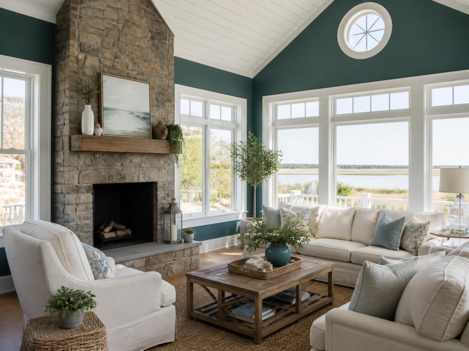 Sussex County sunroom painted deep teal with crisp white trim, vaulted shiplap ceiling, and a stone fireplace