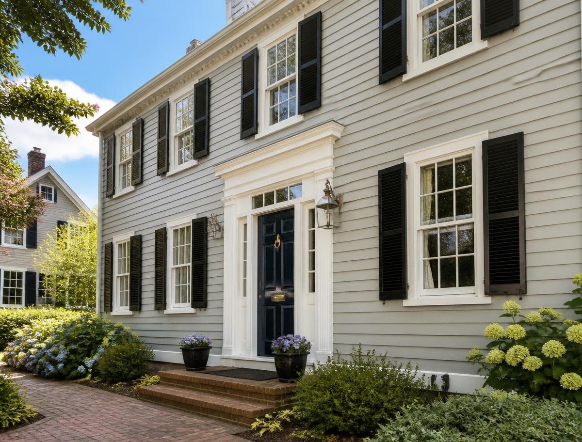 Historic Lewes colonial home in dove grey with black shutters and a navy front door