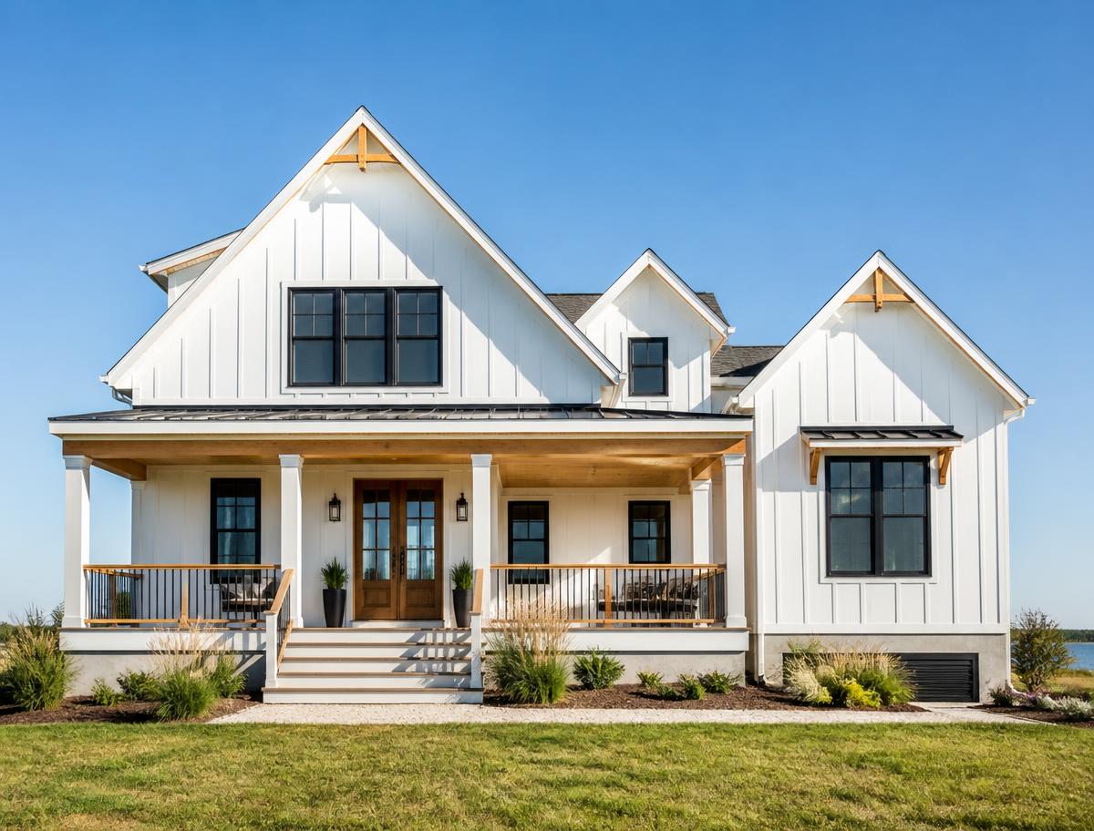 New build coastal Delaware home with white board-and-batten siding and black windows