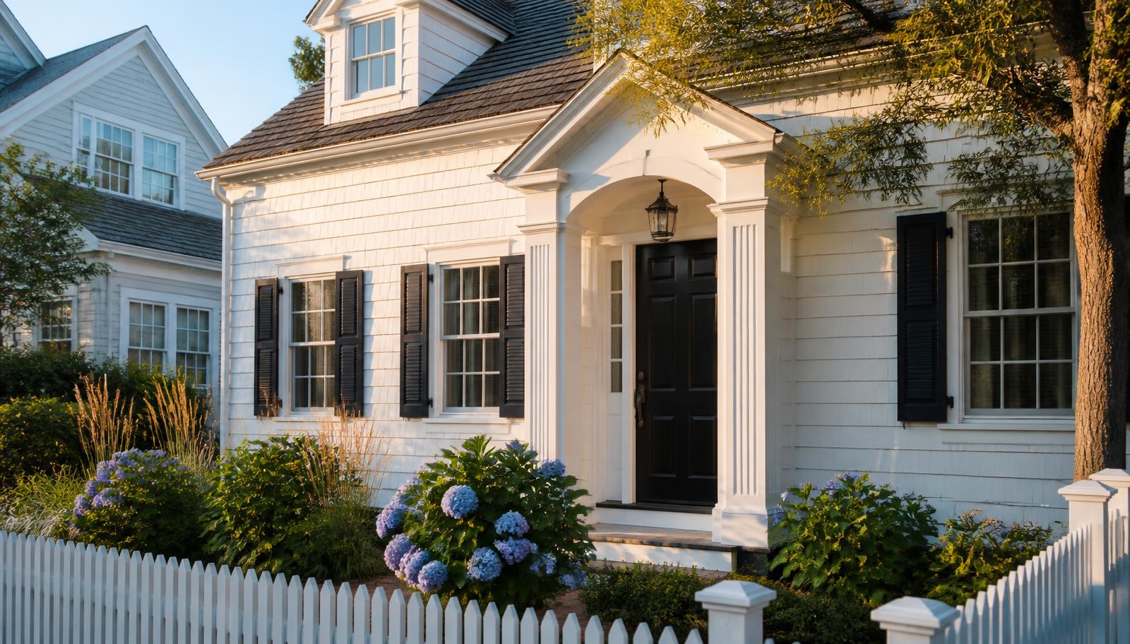 Historic Lewes, Delaware cottage after repainting, with crisp warm-white siding, deep navy shutters, a black front door, and blue hydrangeas at golden hour