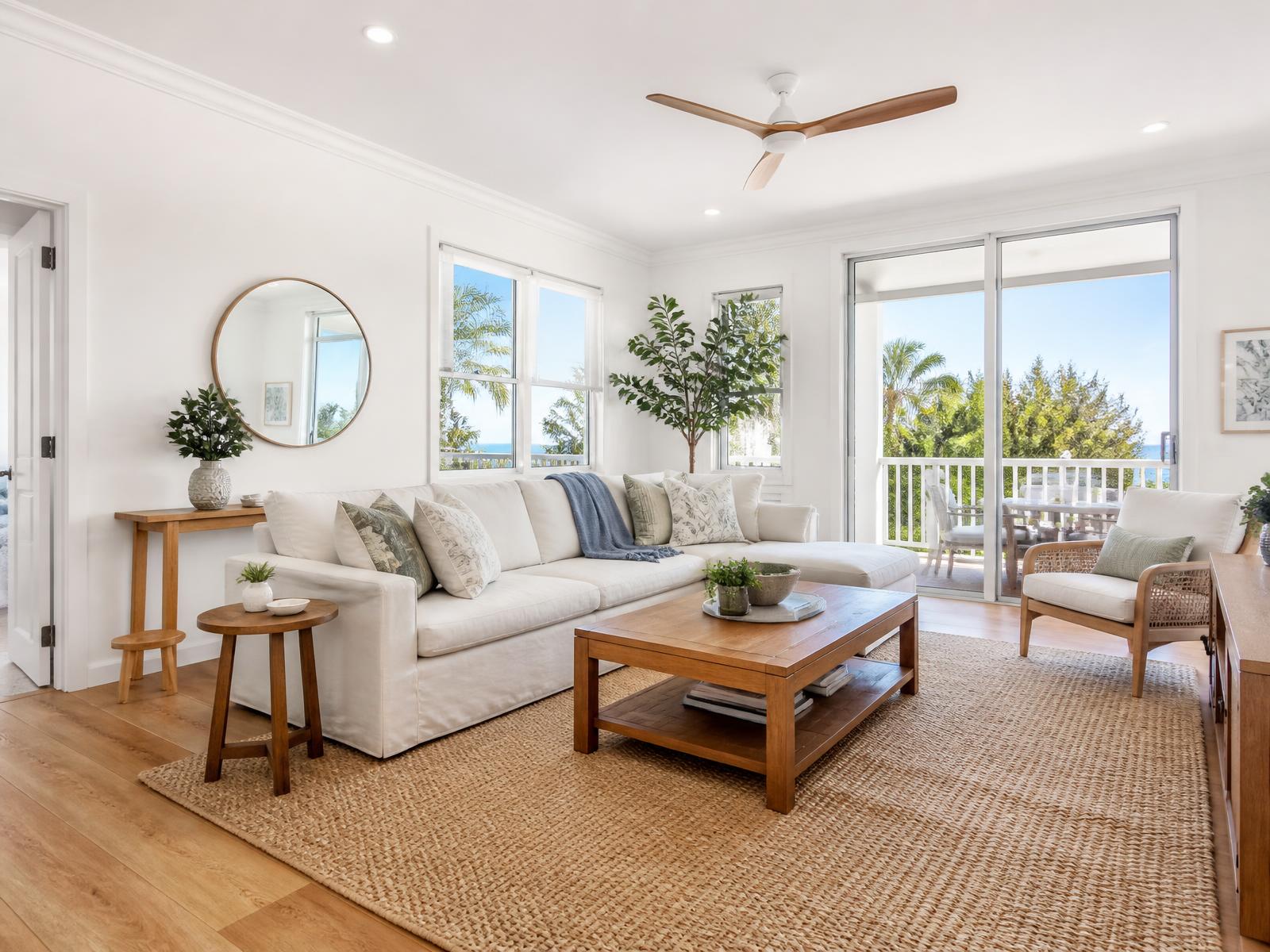 Freshly painted coastal rental living room staged for listing photography