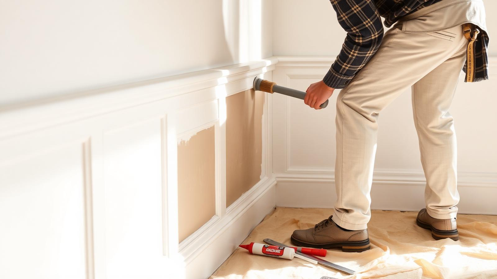 Painter sanding and caulking window trim on a historic white clapboard home in Milton, Delaware
