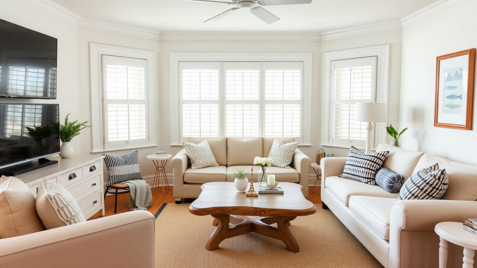 Bright Rehoboth Beach short-term rental living room with freshly painted white walls, coastal blue furnishings, and natural light