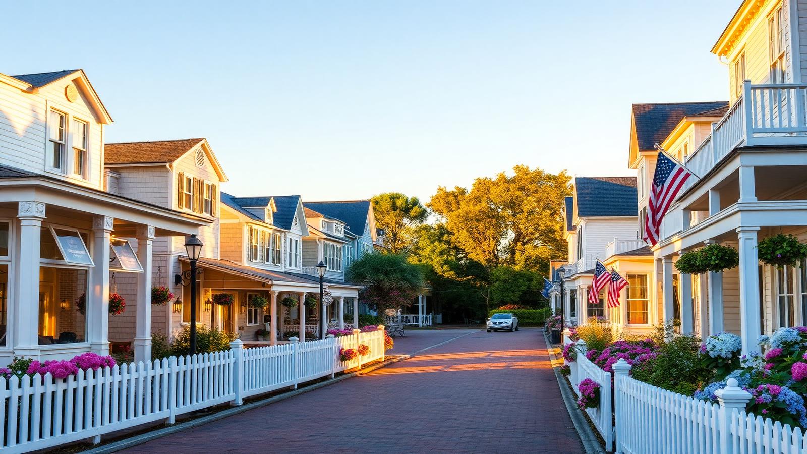 Row of freshly painted historic clapboard homes with white picket fences on a tree-lined street in downtown Milton, Delaware, at golden hour